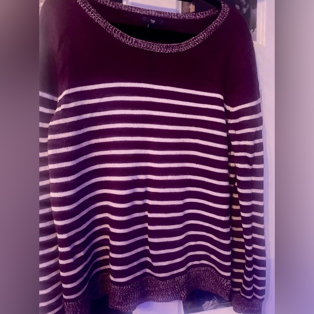 GAP purple and white striped long sleeve sweater.